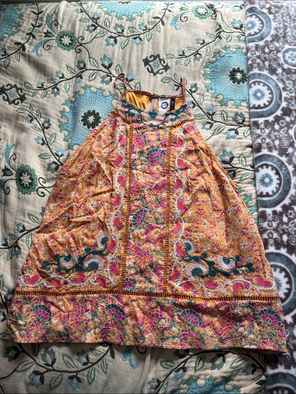 Anthropologie Mustard Yellow Floral Embroidered Sundress